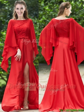 Pretty Bateau Long Sleeves Red Prom Dresses with Beading and High Slit