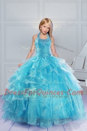 Fashionable Halter Top Floor Length Ball Gowns Sleeveless Aqua Blue Flower Girl Dress Lace Up