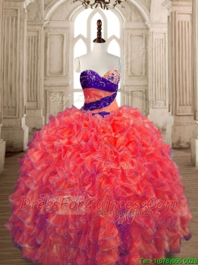 Exquisite Big Puffy Beaded and Ruffled Quinceanera Dress in Orange Red