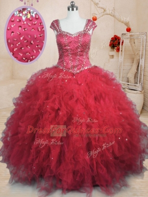 Floor Length Lace Up Sweet 16 Dresses Red for Military Ball and Sweet 16 and Quinceanera with Beading and Ruffles