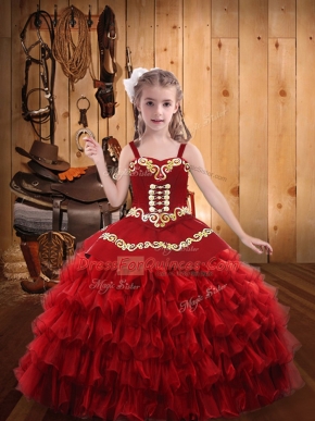 Sweet Red Lace Up Straps Embroidery and Ruffled Layers Little Girls Pageant Gowns Organza Sleeveless