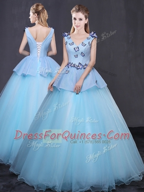 High Class Light Blue Sleeveless Floor Length Appliques Lace Up Sweet 16 Dress