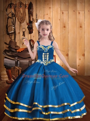 Blue Little Girls Pageant Dress Party and Sweet 16 and Quinceanera and Wedding Party with Embroidery and Ruffled Layers Straps Sleeveless Lace Up