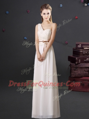 Popular One Shoulder White Empire Lace and Appliques and Belt Vestidos de Damas Lace Up Chiffon Sleeveless Floor Length