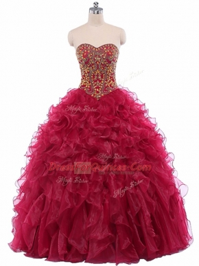 Beautiful Sweetheart Sleeveless Lace Up Sweet 16 Dresses Wine Red Organza