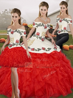 Excellent White And Red Lace Up Off The Shoulder Embroidery and Ruffles Quinceanera Dresses Organza Sleeveless