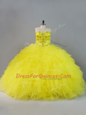 Fine Yellow Sleeveless Tulle Lace Up Quinceanera Gown for Sweet 16 and Quinceanera