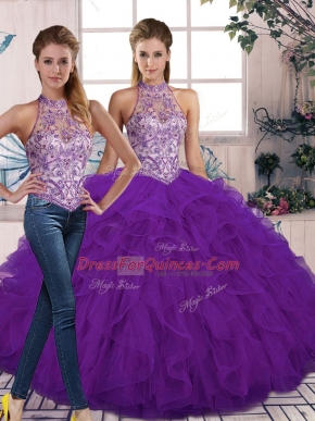Noble Floor Length Two Pieces Sleeveless Purple Quince Ball Gowns Lace Up