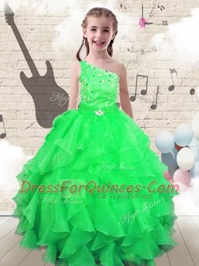 Lovely Apple Green Organza Lace Up One Shoulder Sleeveless Floor Length Little Girls Pageant Gowns Beading and Ruffles