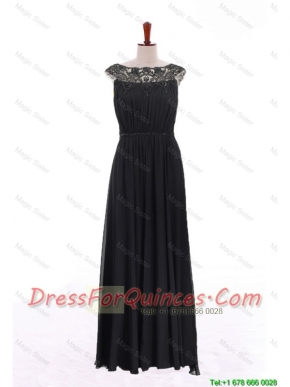 Cheap New Style Bateau Lace Long Prom Dresses in Black for 2016