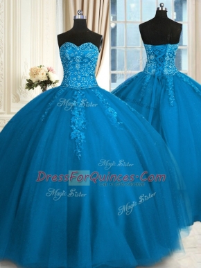 Sleeveless Floor Length Appliques and Embroidery Lace Up 15 Quinceanera Dress with Teal