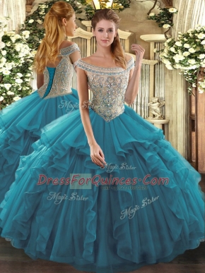 Decent Off The Shoulder Sleeveless Sweet 16 Quinceanera Dress Floor Length Beading and Ruffles Teal Tulle