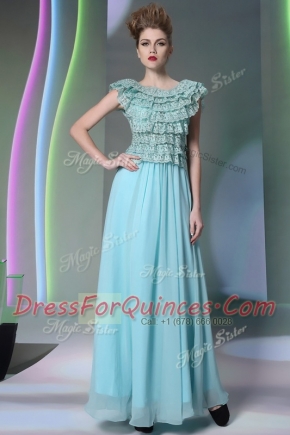 Gorgeous Scoop Aqua Blue Side Zipper Prom Evening Gown Lace Cap Sleeves Floor Length