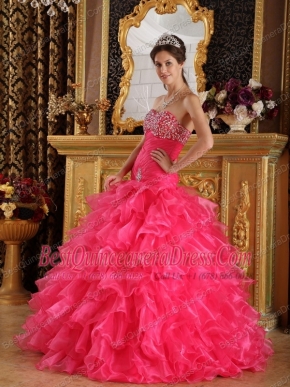 Red Ball Gown Sweetheart Floor-length Organza Beading Quinceanera Dress