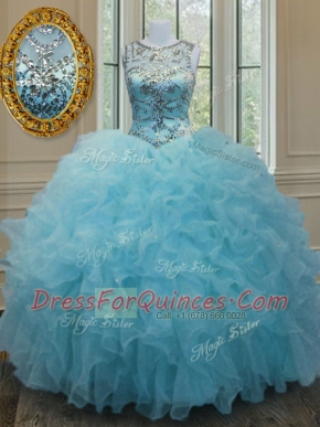 Glittering Scoop Floor Length Aqua Blue Sweet 16 Quinceanera Dress Organza Sleeveless Beading and Ruffles