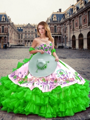 Extravagant Green Ball Gowns Embroidery and Ruffled Layers Sweet 16 Dresses Lace Up Organza Sleeveless Floor Length