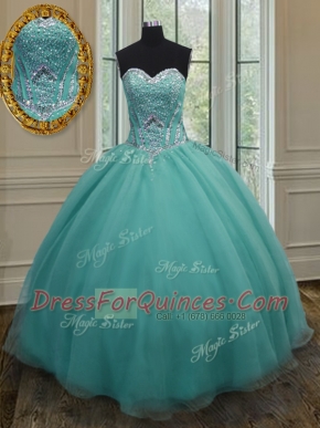 Custom Design Beading Quinceanera Gowns Turquoise Lace Up Sleeveless Floor Length