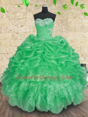 Green Organza Lace Up Sweet 16 Quinceanera Dress Sleeveless Floor Length Beading and Appliques and Ruffles and Ruching