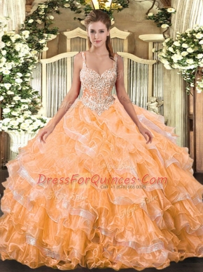 Straps Sleeveless Vestidos de Quinceanera Floor Length Beading and Ruffled Layers Orange Organza