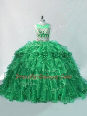 Elegant Green Two Pieces Beading and Ruffles 15th Birthday Dress Organza Sleeveless