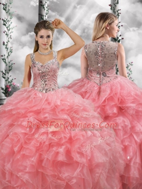 Beading and Ruffles Sweet 16 Dress Watermelon Red Zipper Sleeveless Floor Length