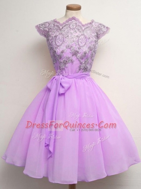 Luxurious Lilac Cap Sleeves Chiffon Lace Up Quinceanera Dama Dress for Prom and Party and Wedding Party