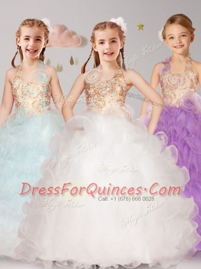 Halter Top Sleeveless Lace Up Floor Length Beading and Ruffles and Hand Made Flower Flower Girl Dresses