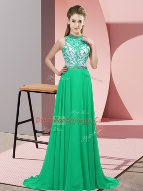 Superior Turquoise Sleeveless Brush Train Beading Prom Dresses