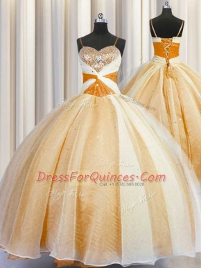 Orange Ball Gowns Organza Spaghetti Straps Sleeveless Beading and Ruching Floor Length Lace Up Ball Gown Prom Dress