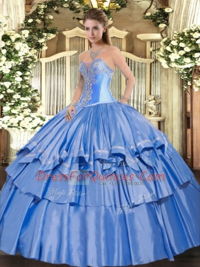 Discount Floor Length Lace Up Quince Ball Gowns Baby Blue for Military Ball and Sweet 16 and Quinceanera with Beading and Ruffled Layers