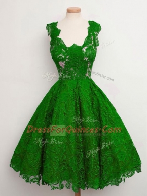 Sweet A-line Vestidos de Damas Green Straps Lace Sleeveless Knee Length Lace Up