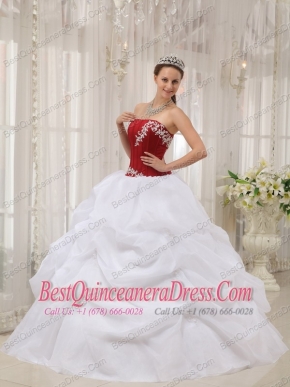 White and Wine Red Ball Gown Strapless Floor-length Taffeta and Organza Appliques Quinceanera Dress