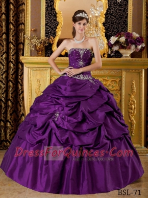 Eggplant Purple Strapless Beading Taffeta Appliques Ball Gown Dress with Pick Ups