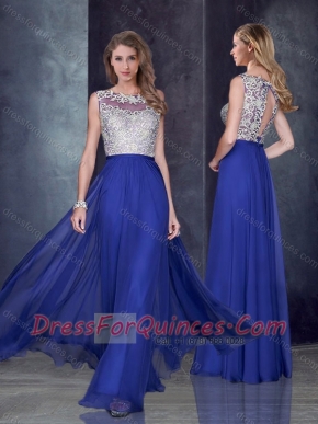 Empire Bateau Royal Blue Prom Dress with Appliques