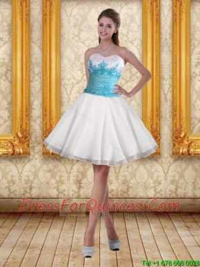 2015 White Sweetheart Prom Dresses with Blue Embroidery