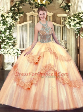Delicate Floor Length Peach Sweet 16 Quinceanera Dress Tulle Sleeveless Beading and Appliques