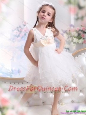 Beading Ruffled 2015 Adorable White Little Girl Pageant Dress with Bownot