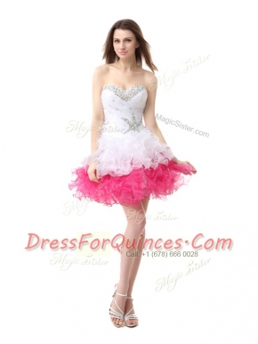 Pink And White A-line Organza Sweetheart Sleeveless Beading and Ruffles Knee Length Lace Up Dress for Prom