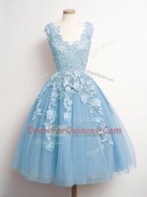 Light Blue Sleeveless Tulle Lace Up Vestidos de Damas for Prom and Party and Wedding Party