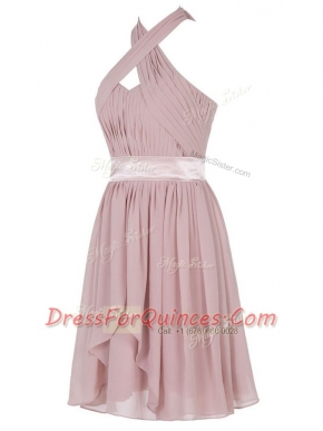 Pink Sleeveless Mini Length Ruching Backless Prom Gown