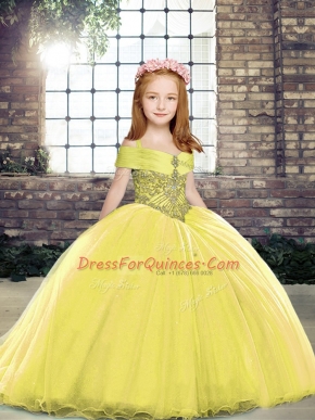 Eye-catching Yellow Ball Gowns Straps Sleeveless Tulle Brush Train Lace Up Beading Little Girl Pageant Gowns