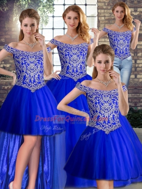 Royal Blue Tulle Lace Up Off The Shoulder Sleeveless Sweet 16 Dresses Brush Train Beading