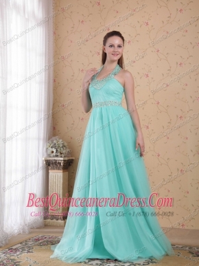 Popular Empire Halter Floor-length Tulle Beading Prom Dress