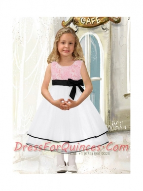 Popular A-Line Scoop Tea-length Flower Girl Dresses with Bowknot