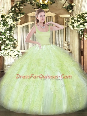 Fine Floor Length Zipper Quinceanera Dresses Yellow Green for Military Ball and Sweet 16 and Quinceanera with Beading and Ruffles