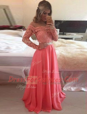 Scoop Long Sleeves Chiffon Prom Gown Beading and Appliques Zipper