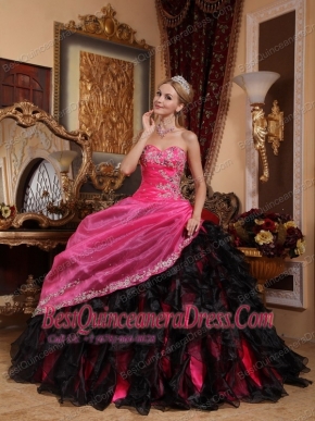 Black and Hot Pink Ball Gown Sweetheart Floor-length Organza Beading and Appliques Quinceanera Dress