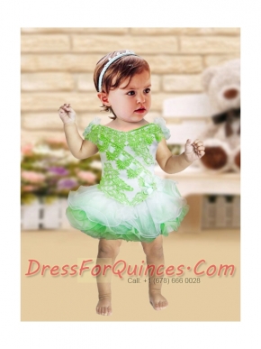 Romantic A-Line Mini-length Appliques Bowknot Green and White Little Girl Dress with  V-neck