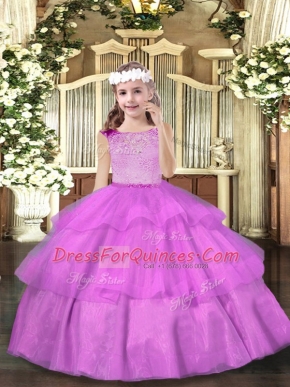 High Class Floor Length Lilac Little Girl Pageant Dress Organza Sleeveless Beading and Ruffled Layers
