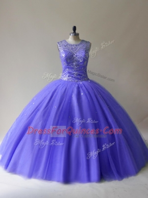 Sleeveless Tulle Floor Length Lace Up Sweet 16 Quinceanera Dress in Purple with Beading